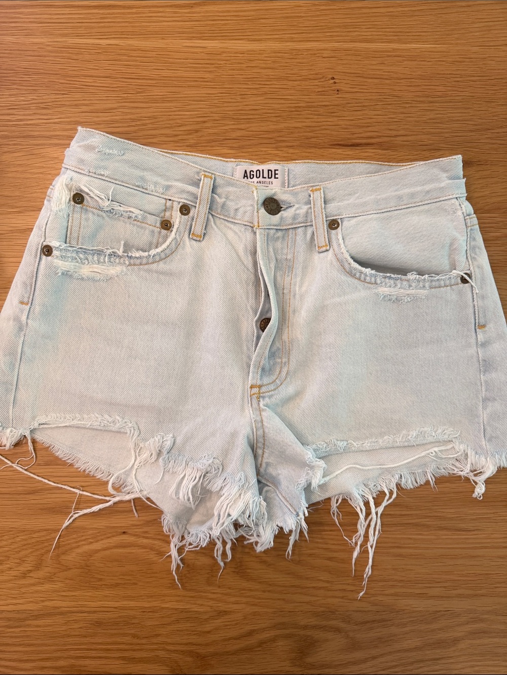 Agolde Light Blue Frayed Denim Shorts